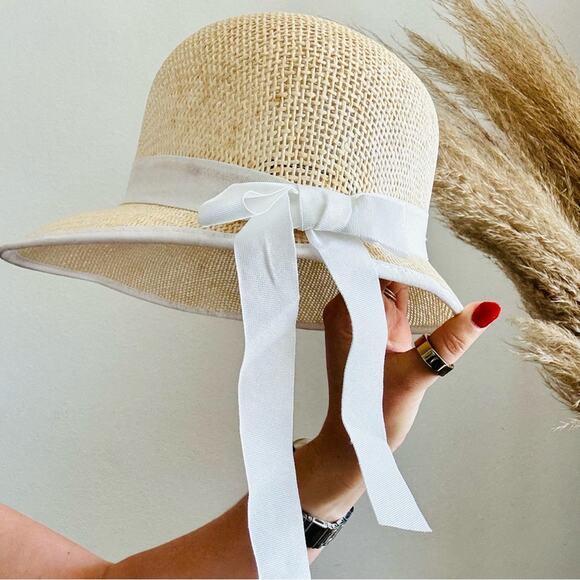 VINTAGE NORDSTROM Cream Tan Straw Wide Visor Brim White Bow Tie Ribbon Sun Hat - Picture 6 of 10